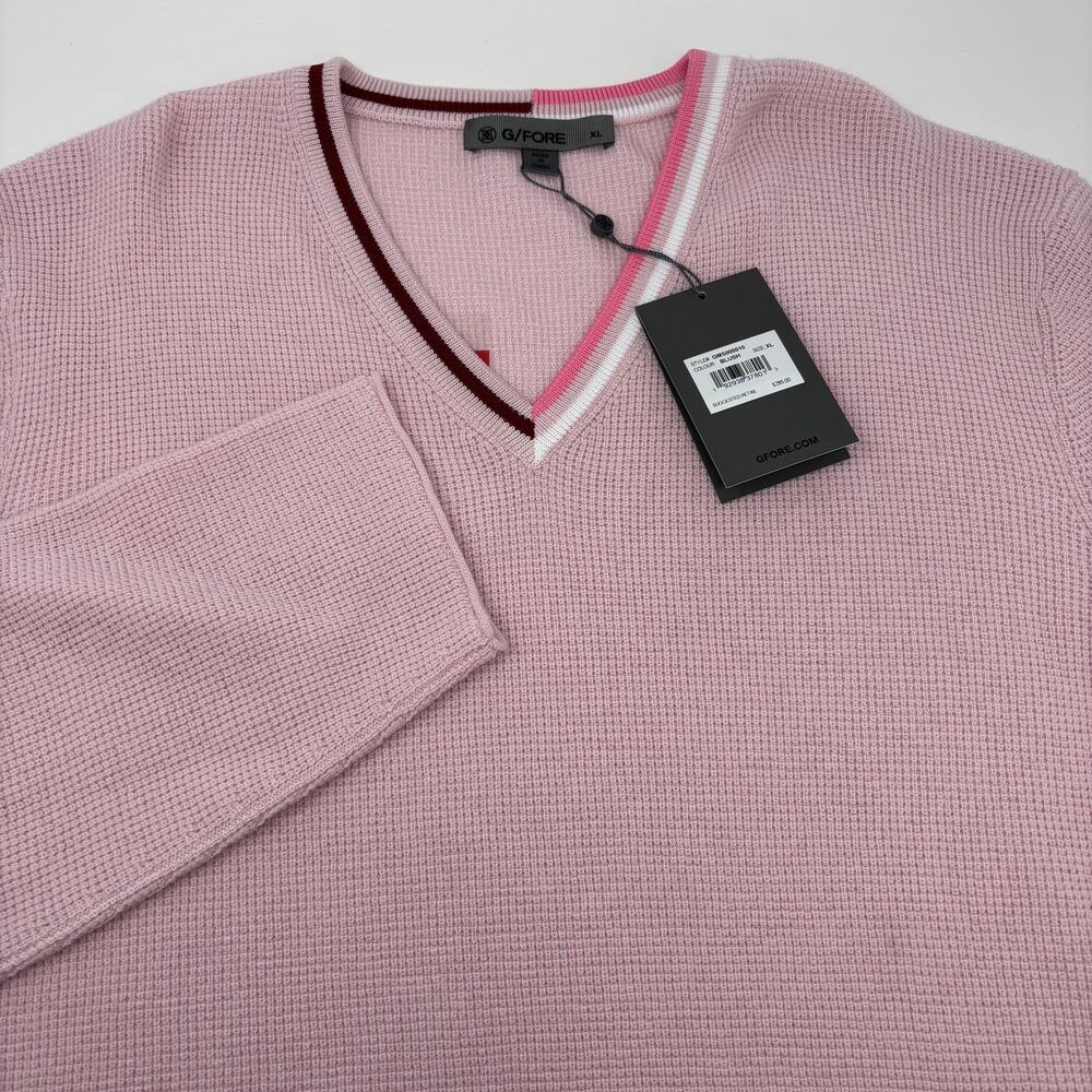 G/Fore Mens XL Blush Pink Waffle Knit V-Neck Wool Long Sleeve Sweater NWT